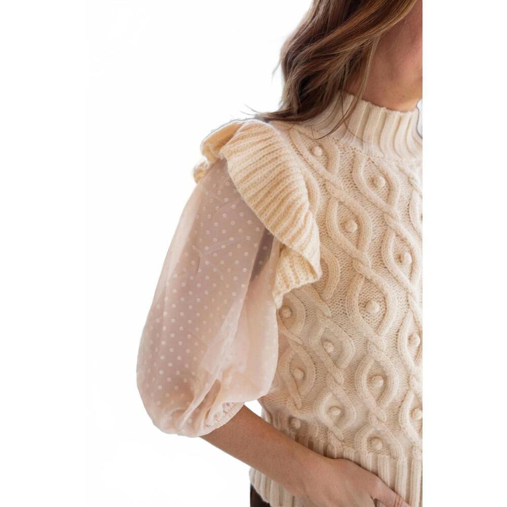 NEW VOY polka dot sheer sleeve sweater in beige - Picture 2 of 2